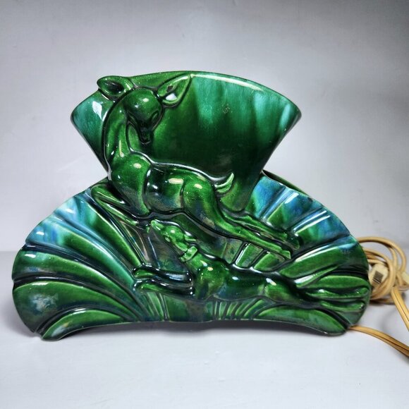 Mid Century Leaping Deer TV Lamp Planter Forest Green Retro Vintage 10.5”X 7.5” - Picture 1 of 15